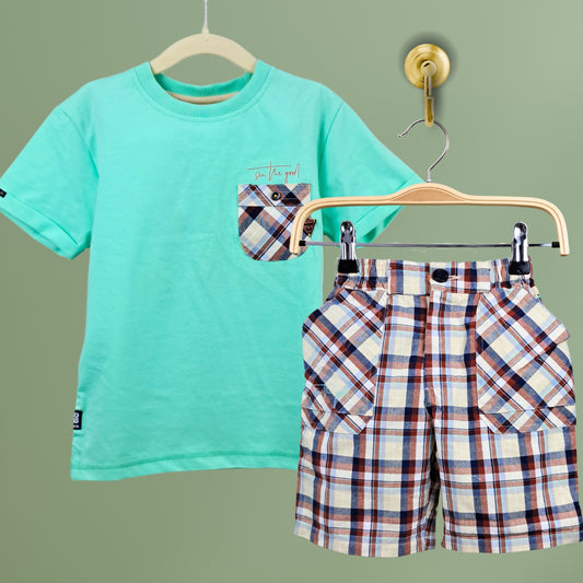 Sea Green T-shirt and Checkered Cotton Shorts Set
