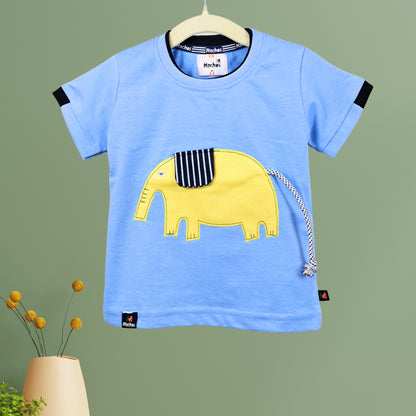 Sky Blue and Yellow Cotton T-shirt Shorts Set with Playful Elephant Design