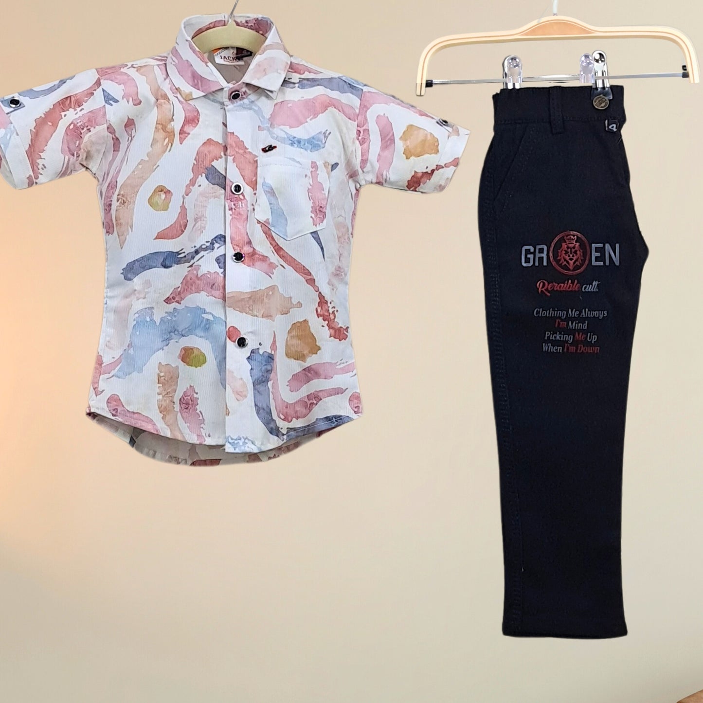 (OJ-RD7471) Half Sleeves Abstract Print Shirt & Black Jeans