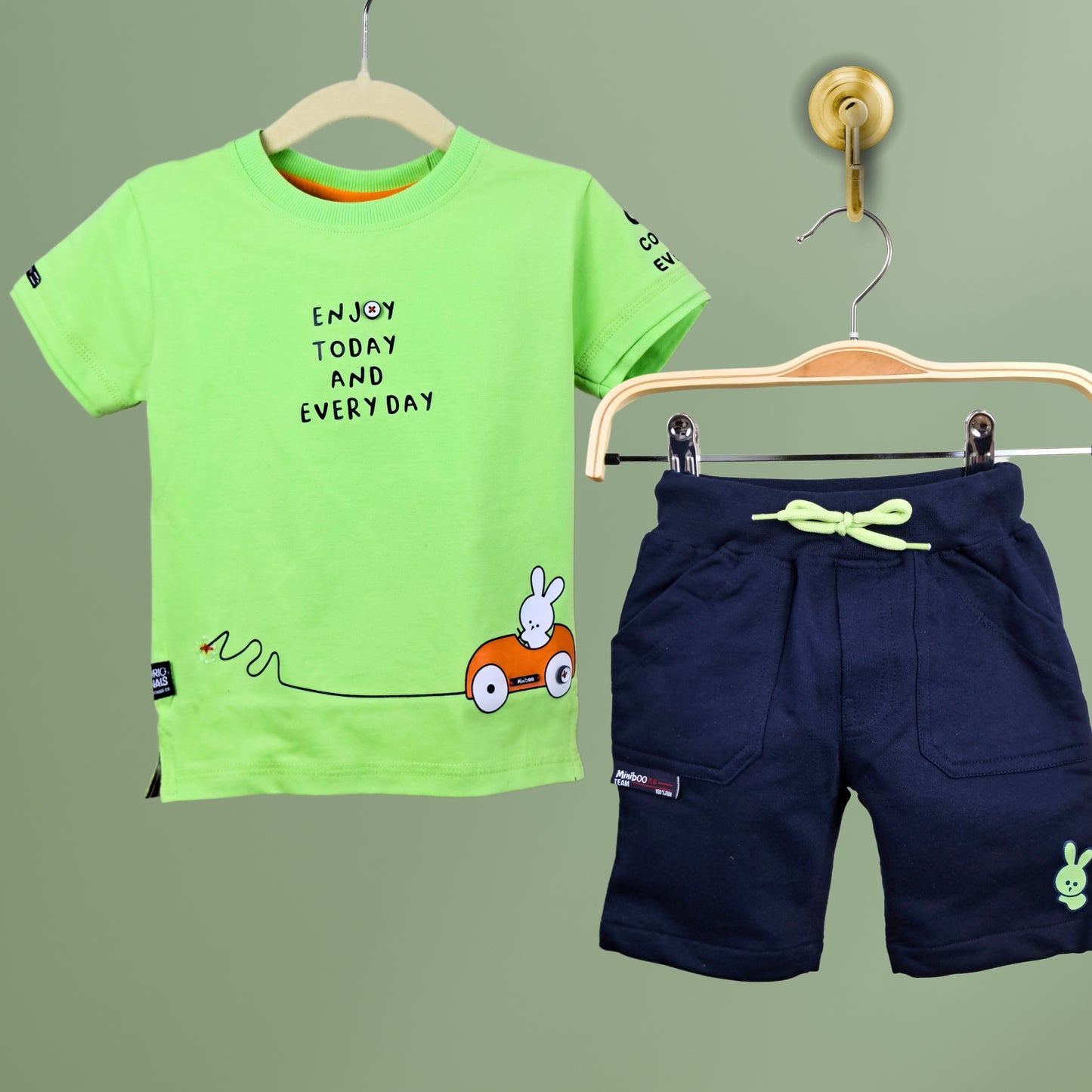 (RC-3145) Light Green and Navy Blue Cotton T-shirt Shorts Set