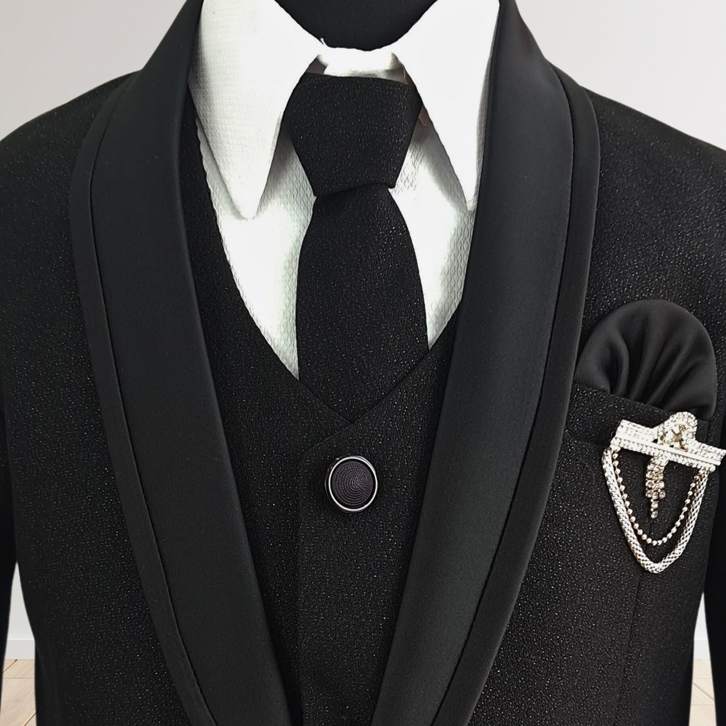 (OJ-MM0019) Black Color Shimmer 5 Piece Party Suit With Brooch and Satin Lapels