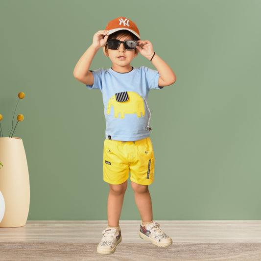 Sky Blue and Yellow Cotton T-shirt Shorts Set with Playful Elephant Design