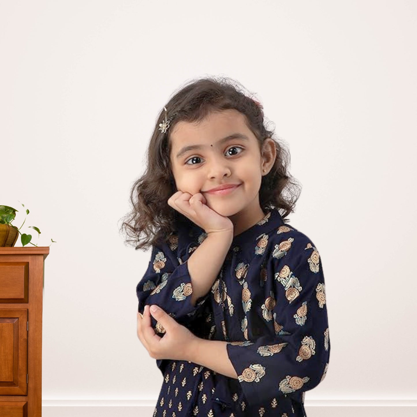 (JC-KD-05) Navy Blue Kurta Dhoti Pant and Jacket Set with golden butti work