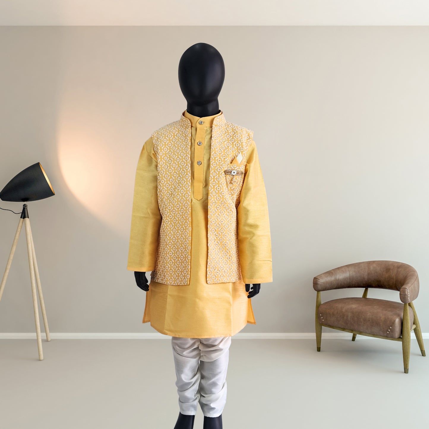 (OJ-DD1809) Turmeric Yellow Chikankari Jacket with Cotton Silk Kurta and Pajamas