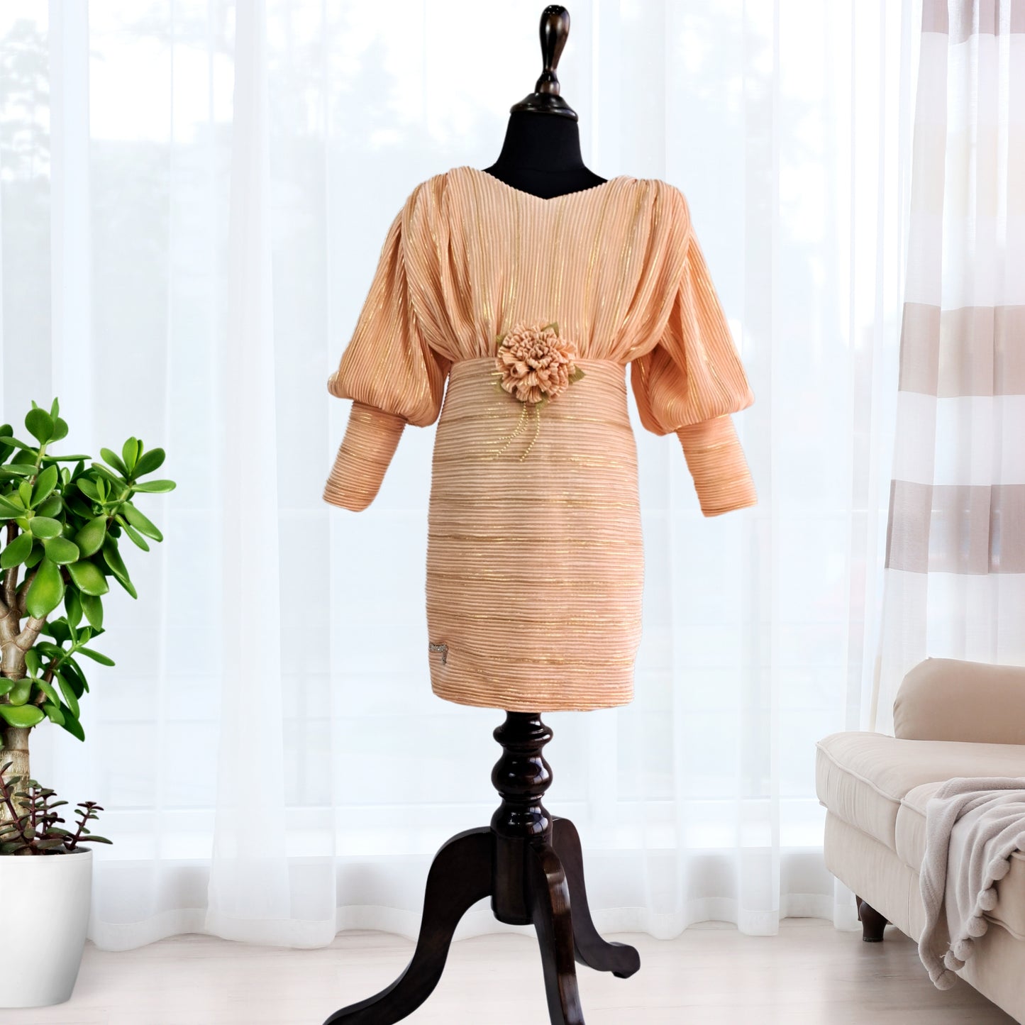 (RC-W-057) Balloon Puff Sleeves Crushed Pattern Party Dress - Peach color