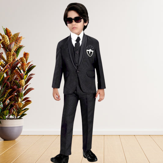 (OJ-MM0019) Black Color Shimmer 5 Piece Party Suit With Brooch and Satin Lapels