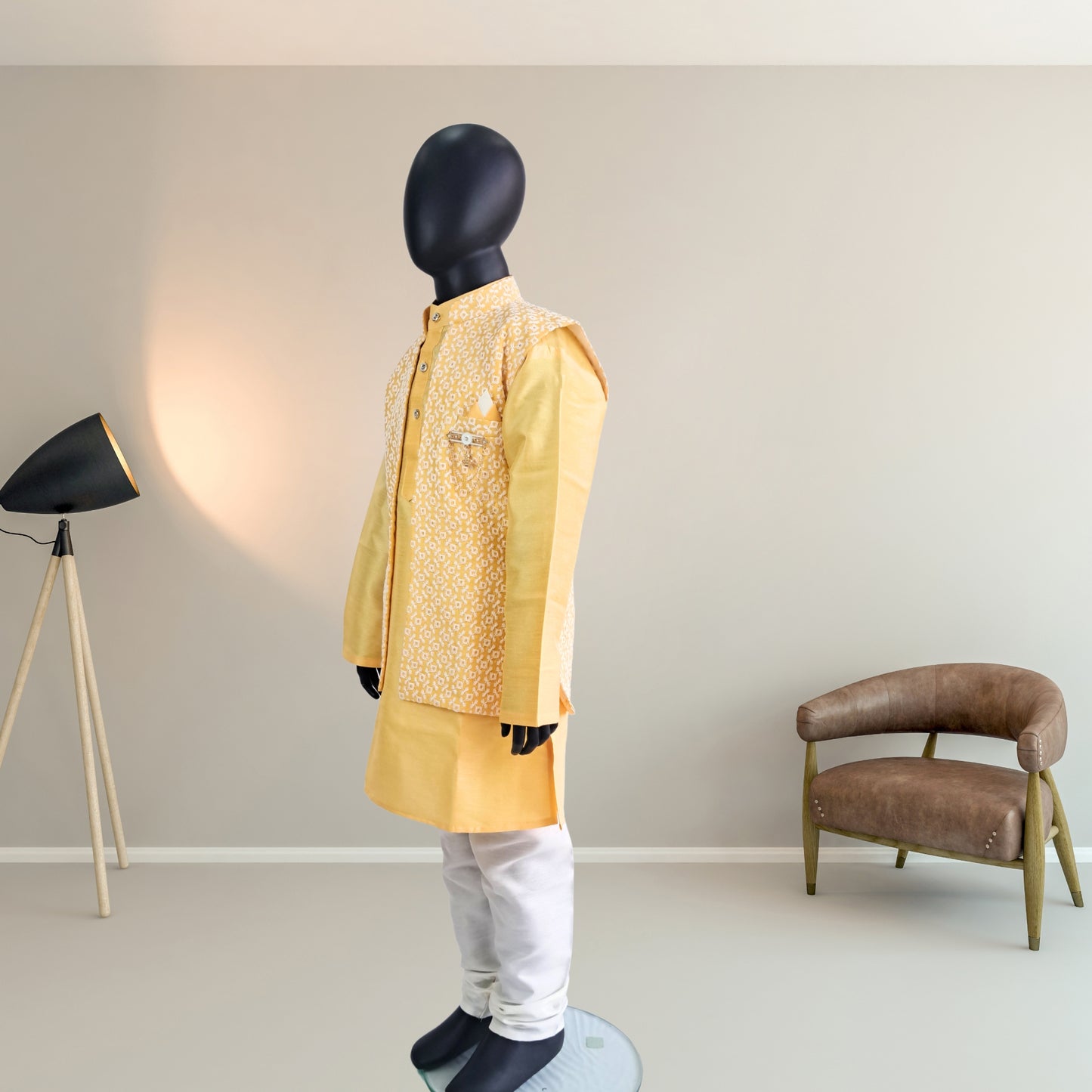 (OJ-DD1809) Turmeric Yellow Chikankari Jacket with Cotton Silk Kurta and Pajamas
