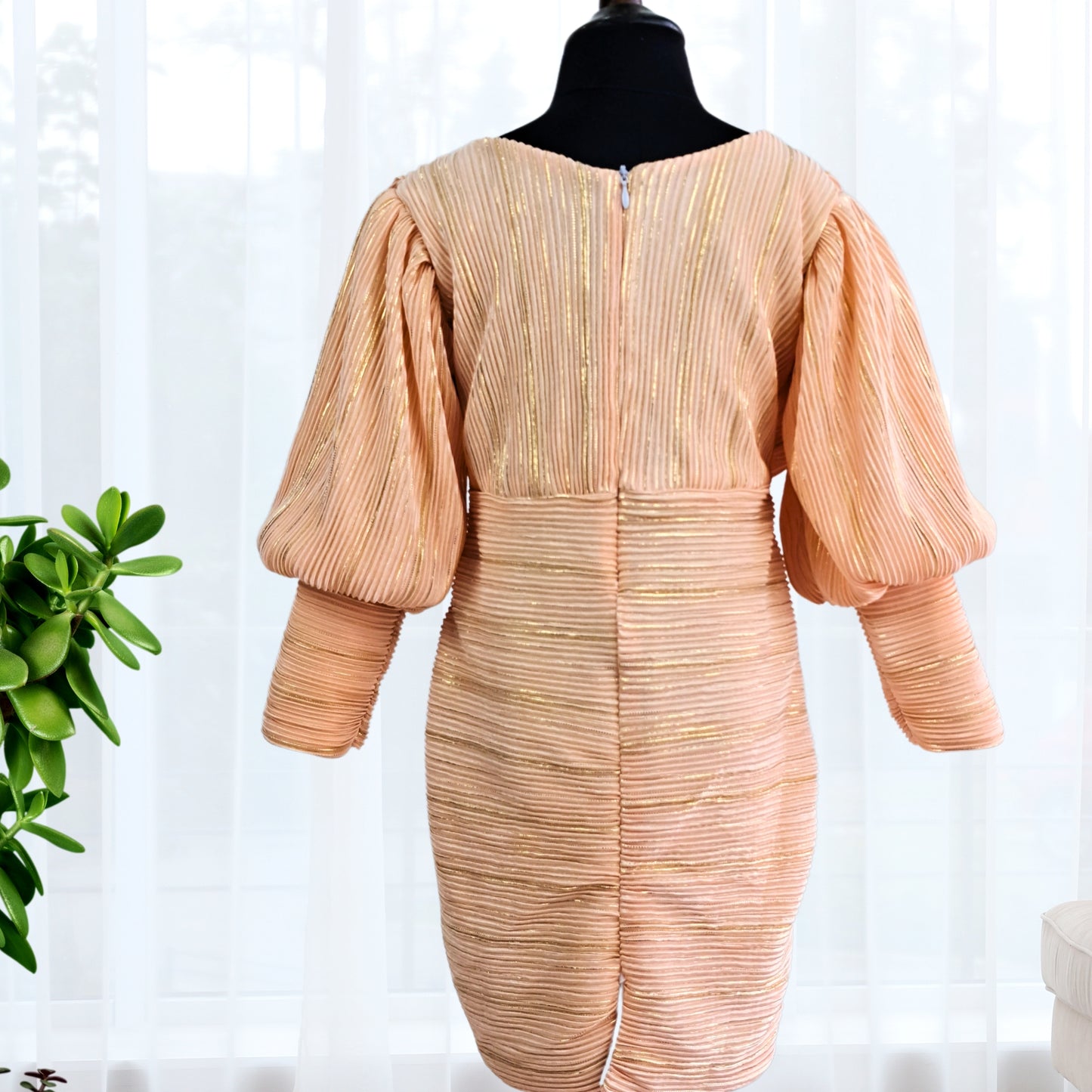 (RC-W-057) Balloon Puff Sleeves Crushed Pattern Party Dress - Peach color