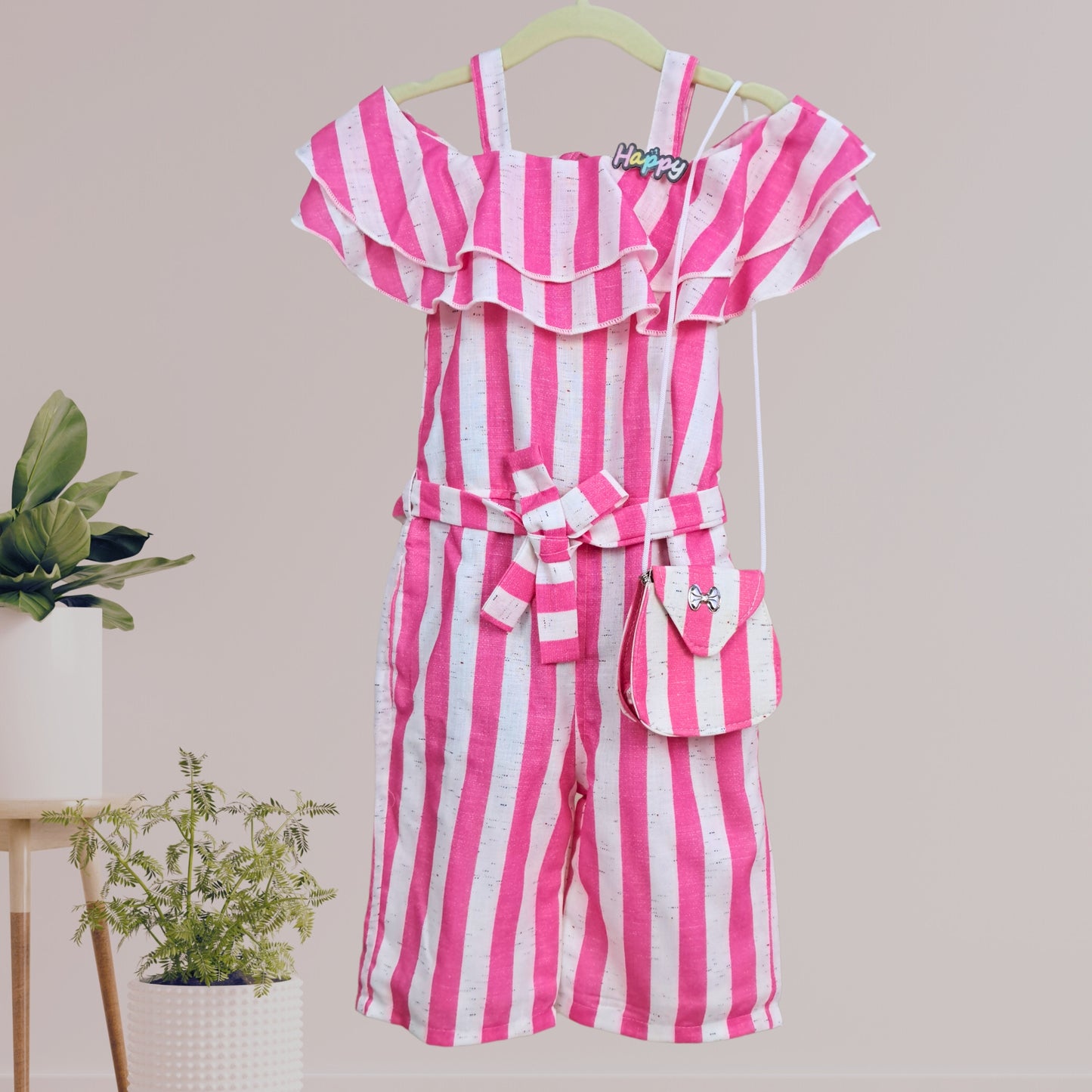 (RC-7795) Pink and White Frill Neck Striped Jumpsuit with matching Sling Bag