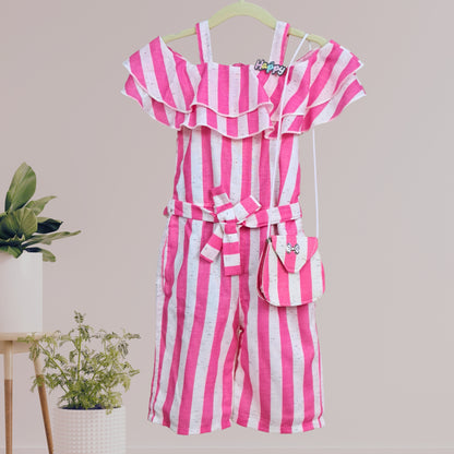 Pink and White Frill Neck Striped Jumpsuit with matching Sling Bag