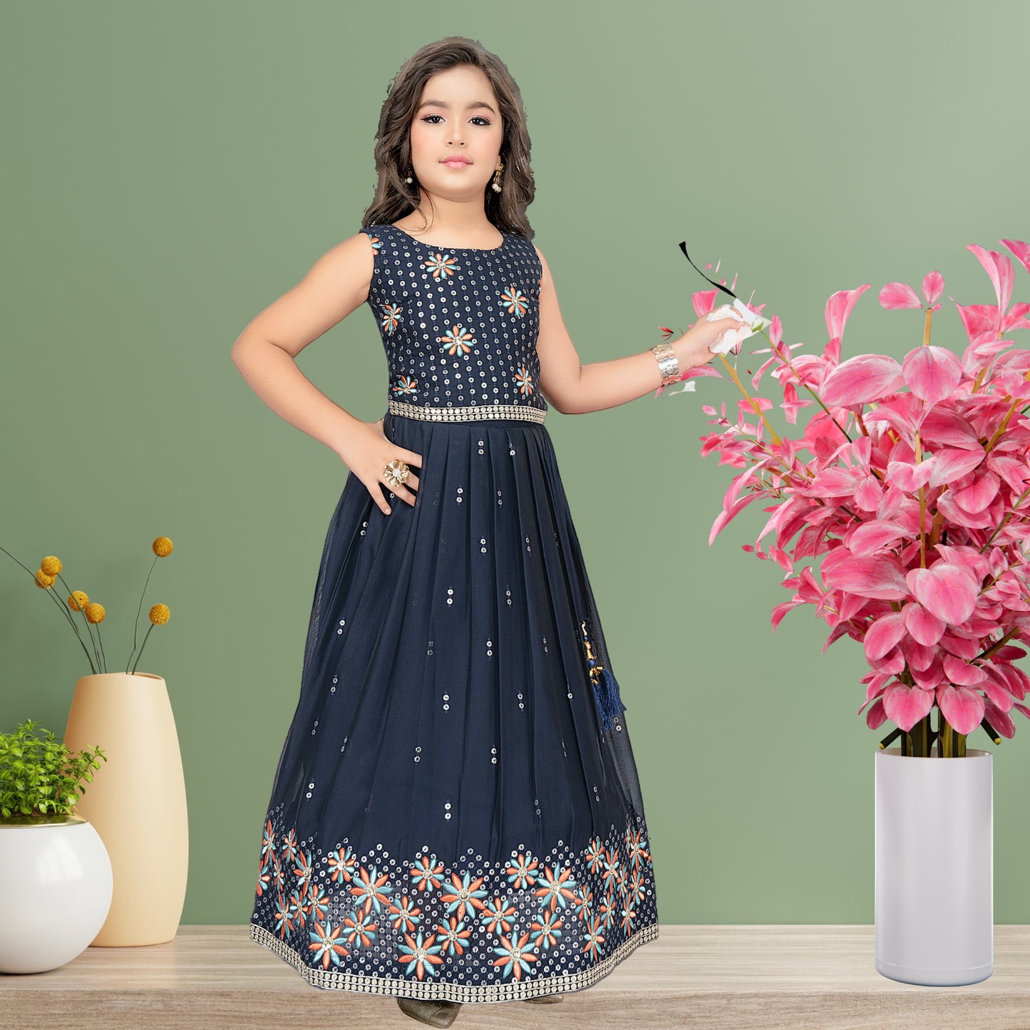 Navy Blue Pleated Rich Border Lehenga/Ghagra With Multi-color Embroidery Choli