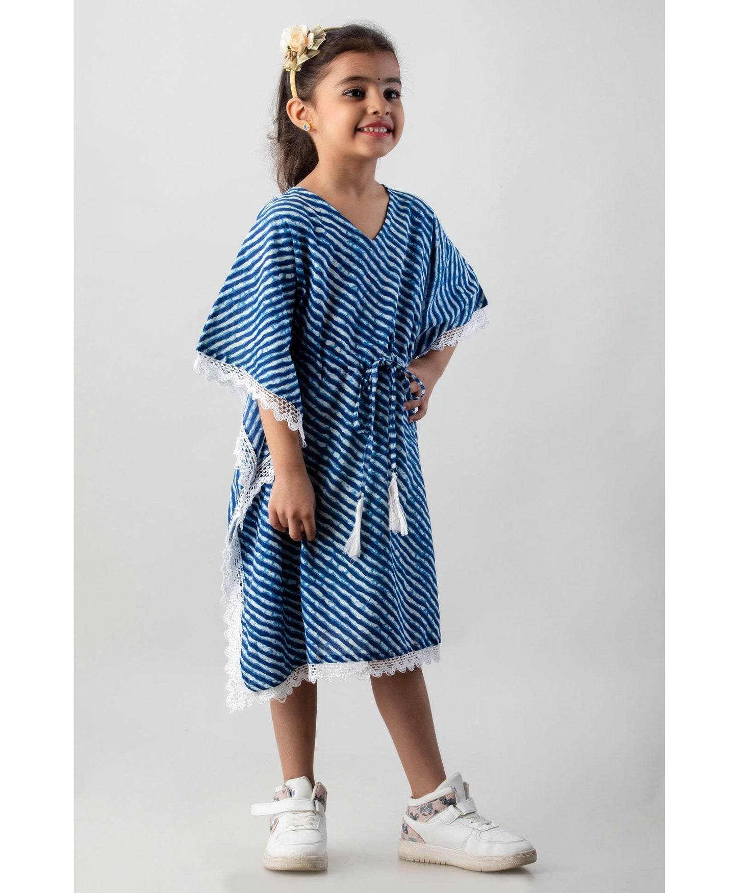 (JC-KD-24) Blue and White Leheriya pattern Kaftan Dress