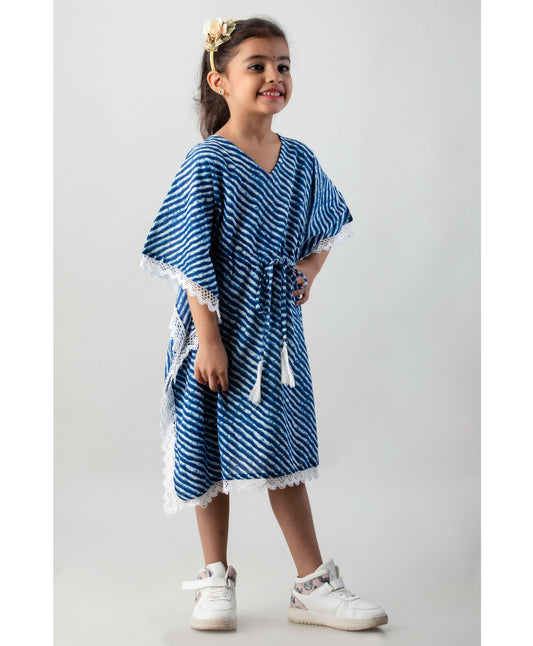 Blue and White Leheriya pattern Kaftan Dress