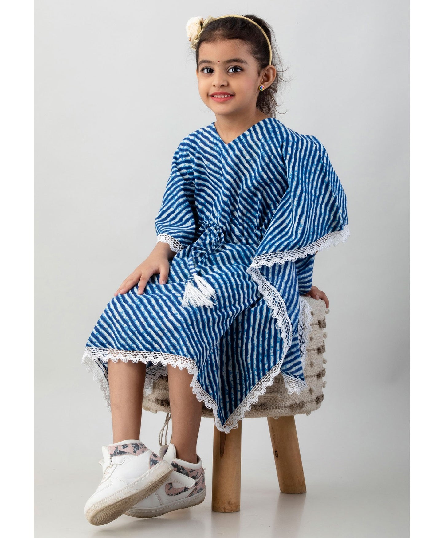 (JC-KD-24) Blue and White Leheriya pattern Kaftan Dress