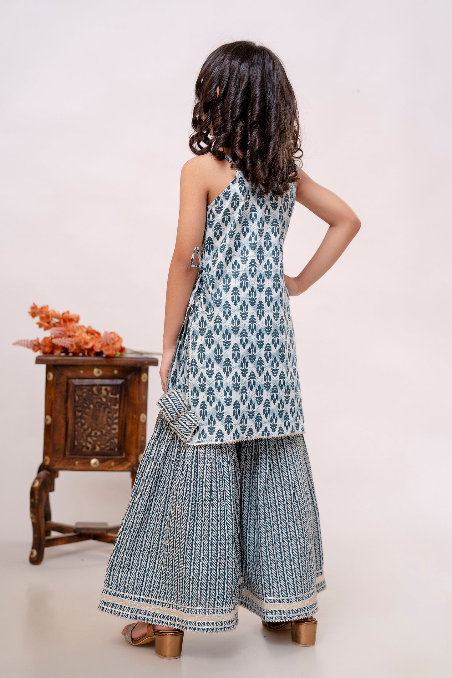 (JC-KD-130) Spaghetti Sleeves Cotton Kurta, Sharara and Dupatta Set with gota patti work