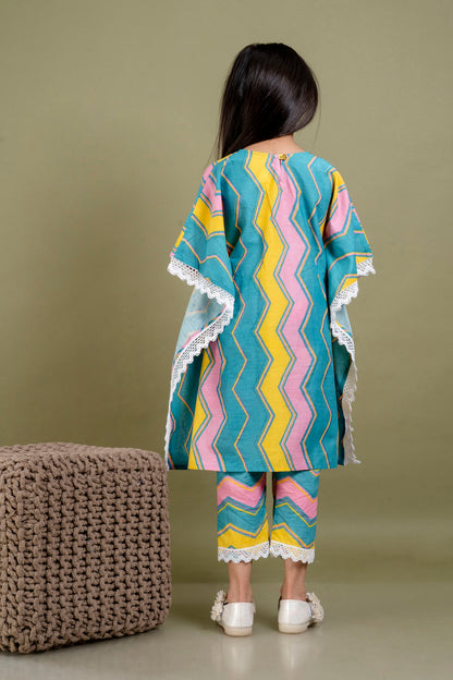 Multi Color Wave pattern Kaftan Dress and Pant with White Lace Work