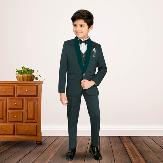 Dark Green 5 Piece Party Suit With Brooch and Satin Lapels