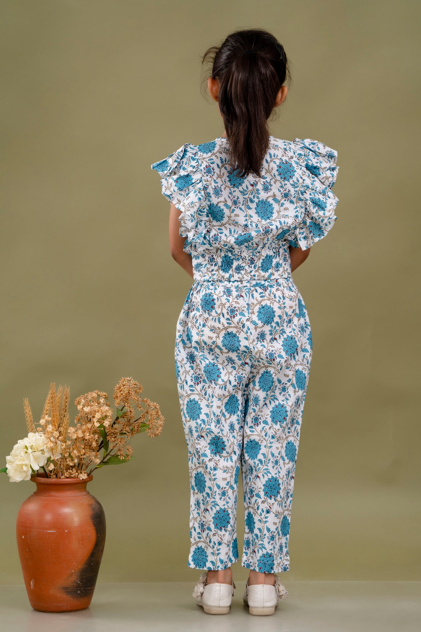 (JC-KD-96) Blue and White V Neck Frill Sleeves Crop Top and Pant