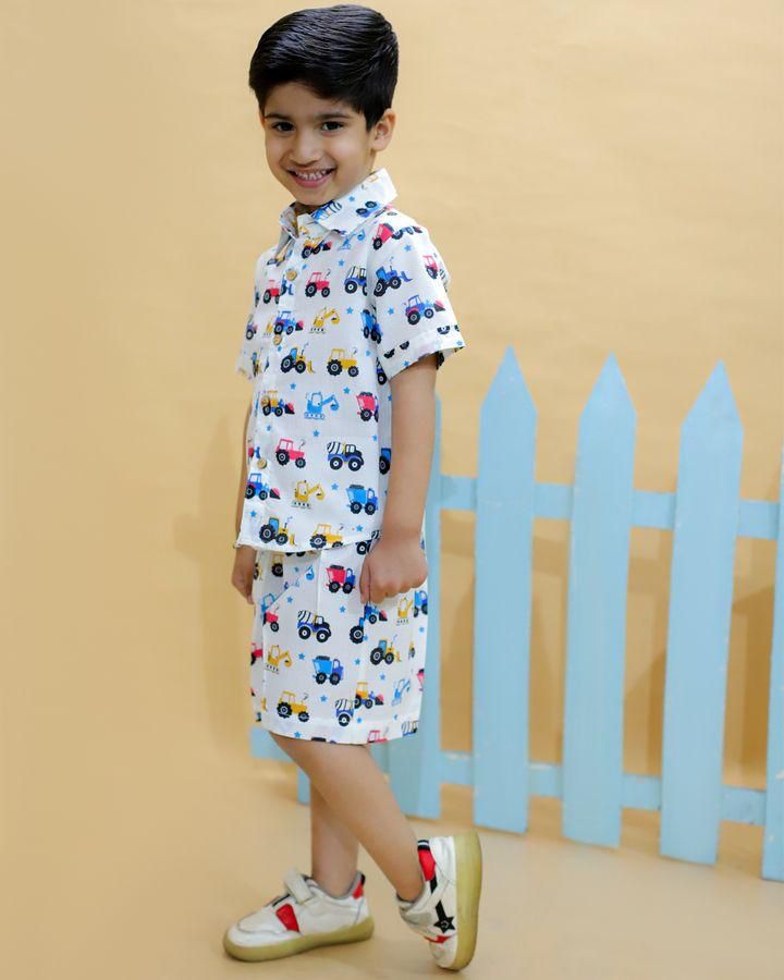 (SS-SS-1007) Multi Color Pure Cotton Half Sleeves Construction Vehicle Printed Co-Ord Set