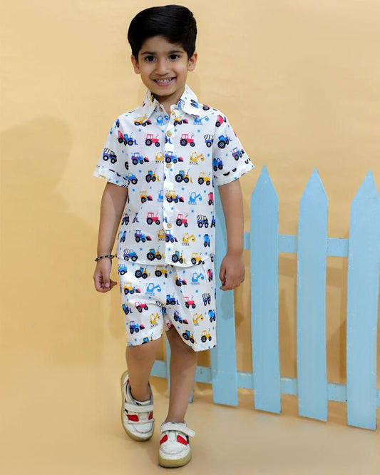 Multi Color Pure Cotton Half Sleeves Construction Vehicle Printed Co-Ord Set