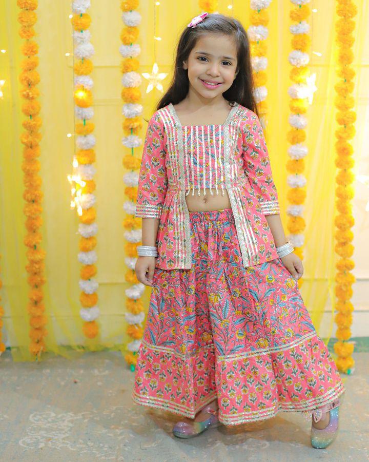 (SS-SS-1001) Attached Jacket Cotton Crop Top with pearl detailing and Flared Skirt