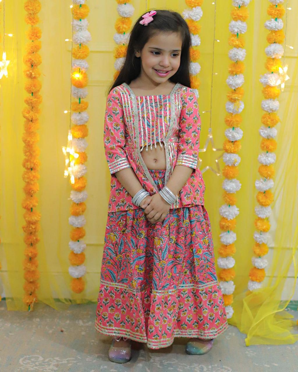 (SS-SS-1001) Attached Jacket Cotton Crop Top with pearl detailing and Flared Skirt