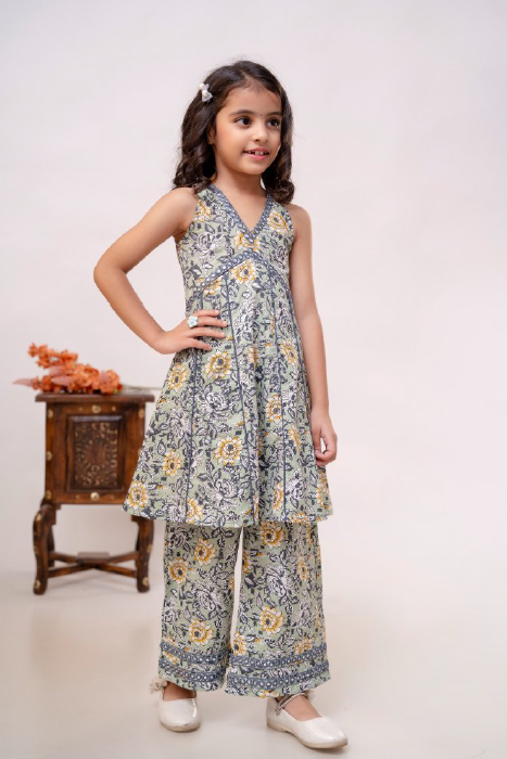 (JC-KD-116) Olive Green Alia Cut V Neck Cotton Kurta with Palazzo