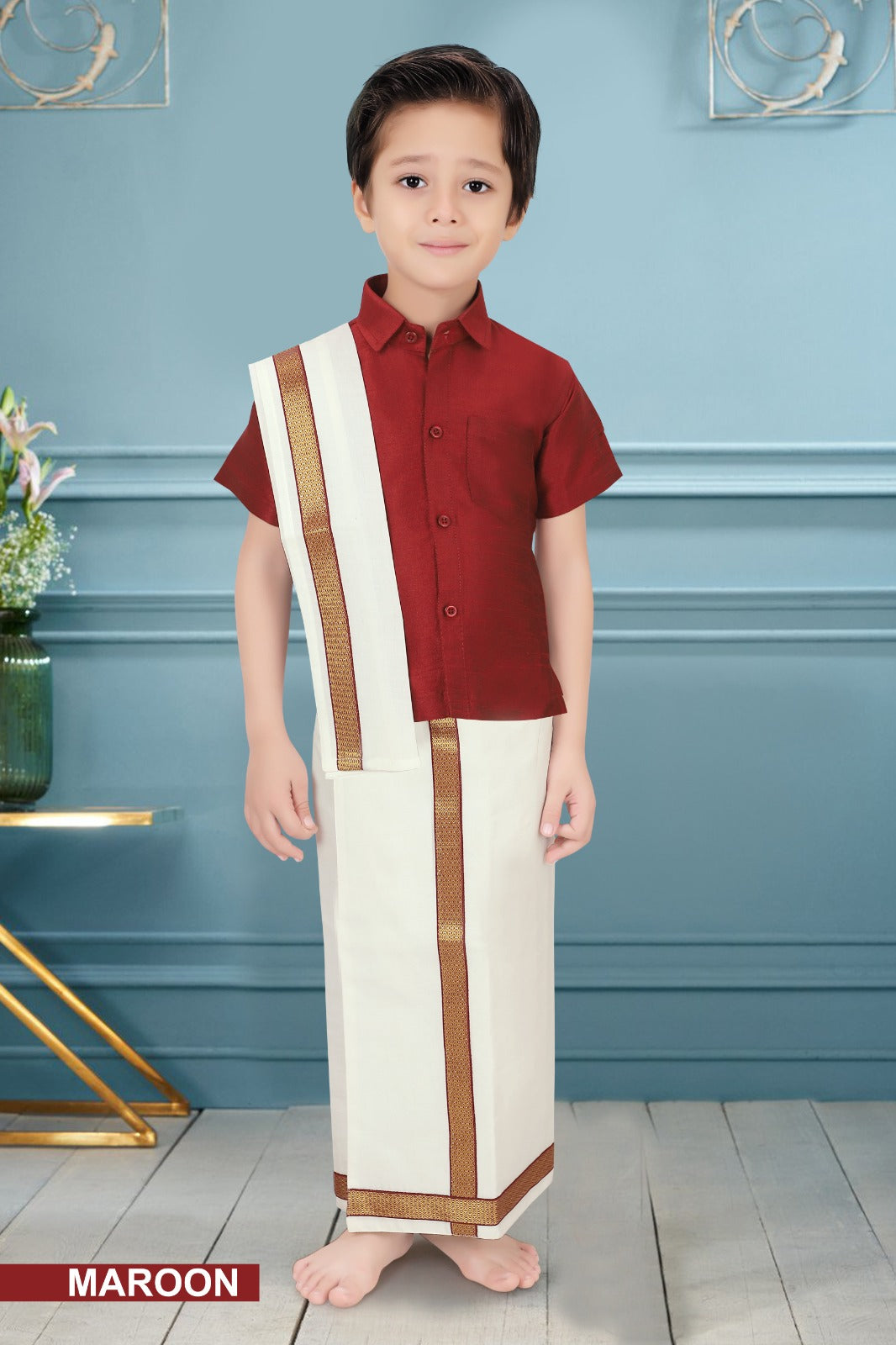 (VM-V-103-MAROON) BOYS LUNGI KURTA SET 0 to 5 years