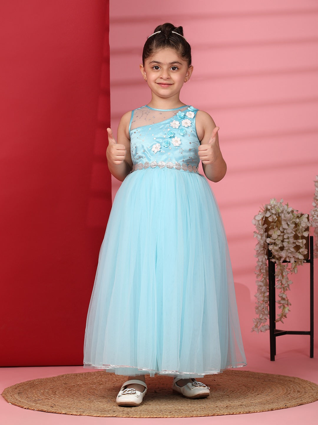 (TBAP24-19SKB) Full Length Sky Blue Party Frock 5 to 12 years