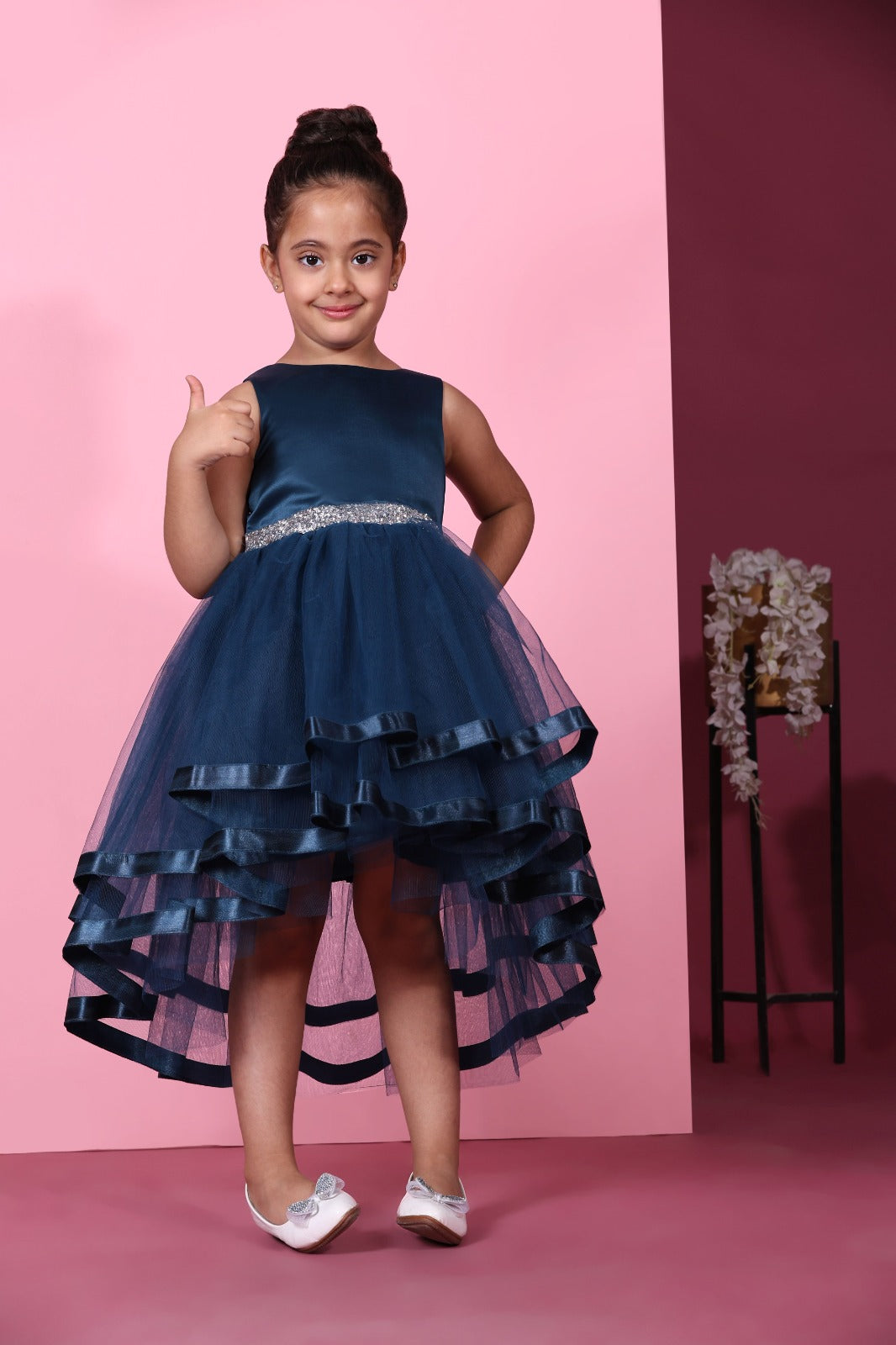 (TBAP24-05NB) High Low Navy Blue Party Frock 8 to 12 years