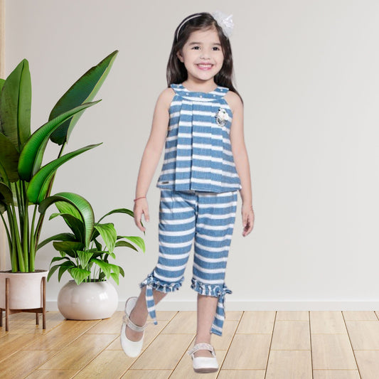 (RC-7672) Pearl Embellished Sleeveless Pleated Top with Pearl and Knot detailing Capri