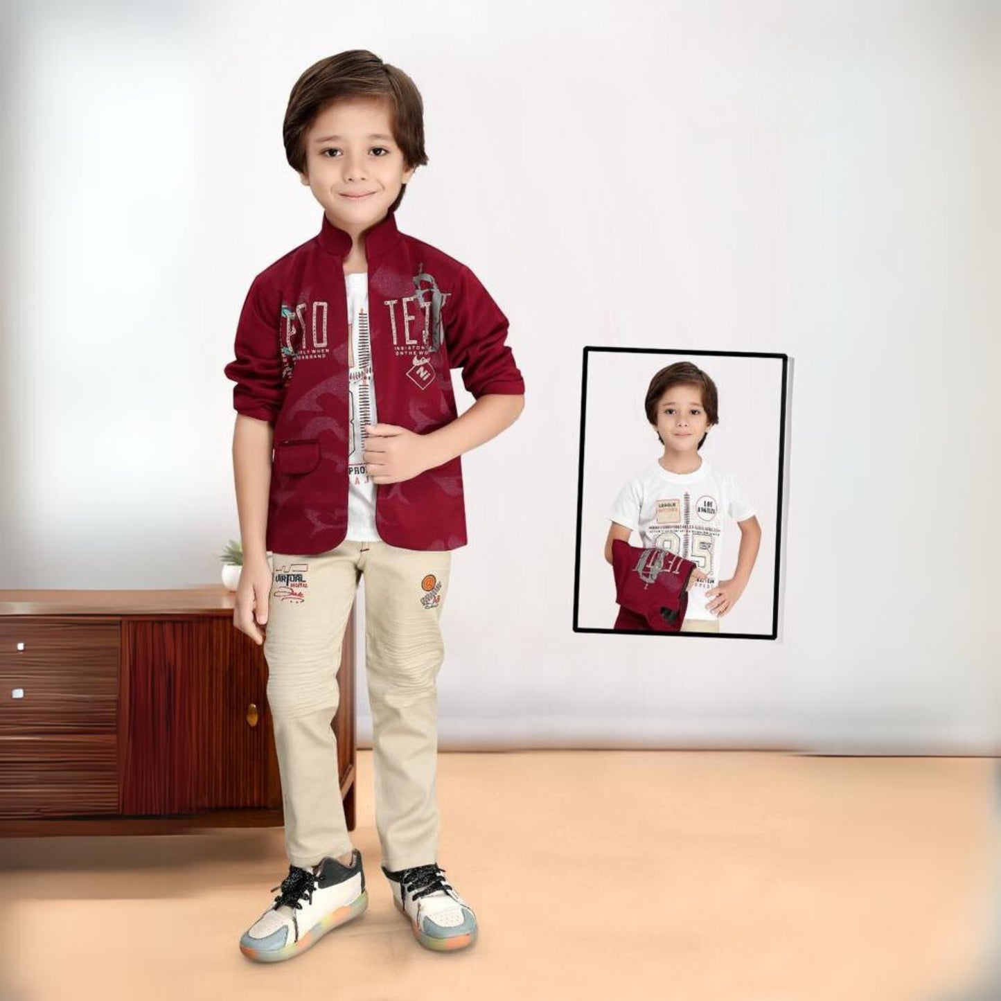 OJ-FF6699) Full Sleeves Soft Maroon Blazer with White T-shirt