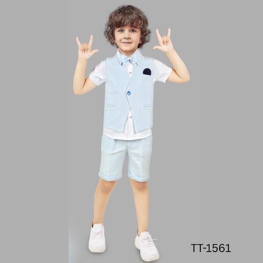 (TT-1561) Boys 4 pc shirt waist-coat with bowtie half/half suit 6 months up to 2 years