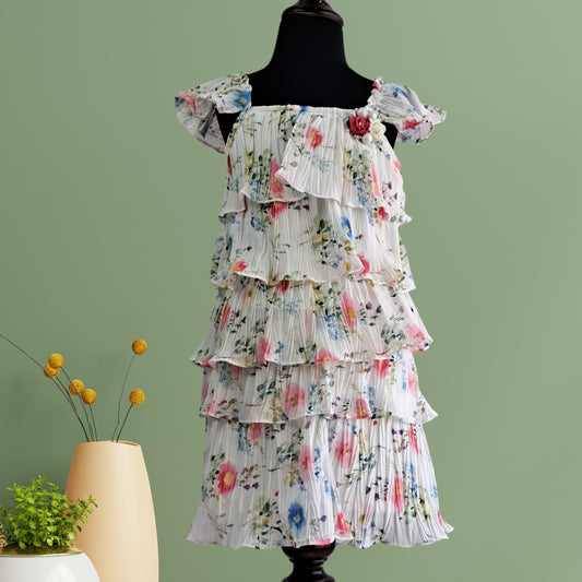 (RC-8854) White Three Layered Skirt and Cap Sleeves Top blooming with Pink and Blue Flower print