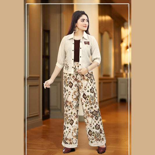 (MG7042) GIRLS TOP PALAZZO PANT AND JACKET SET 22/32