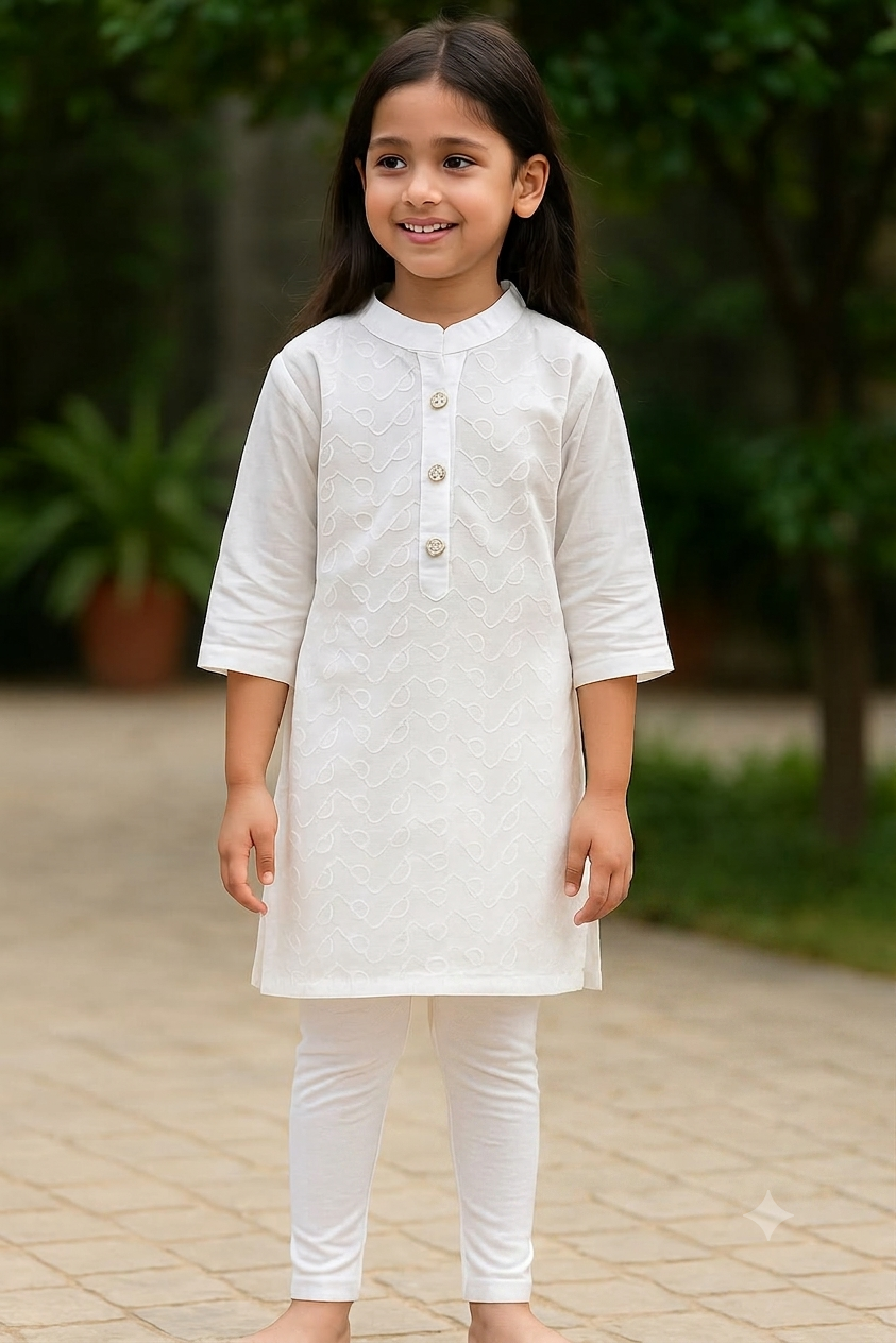 (CK-000058) GIRLS WHITE KURTI WITH FRONT BUTTONS 24/32