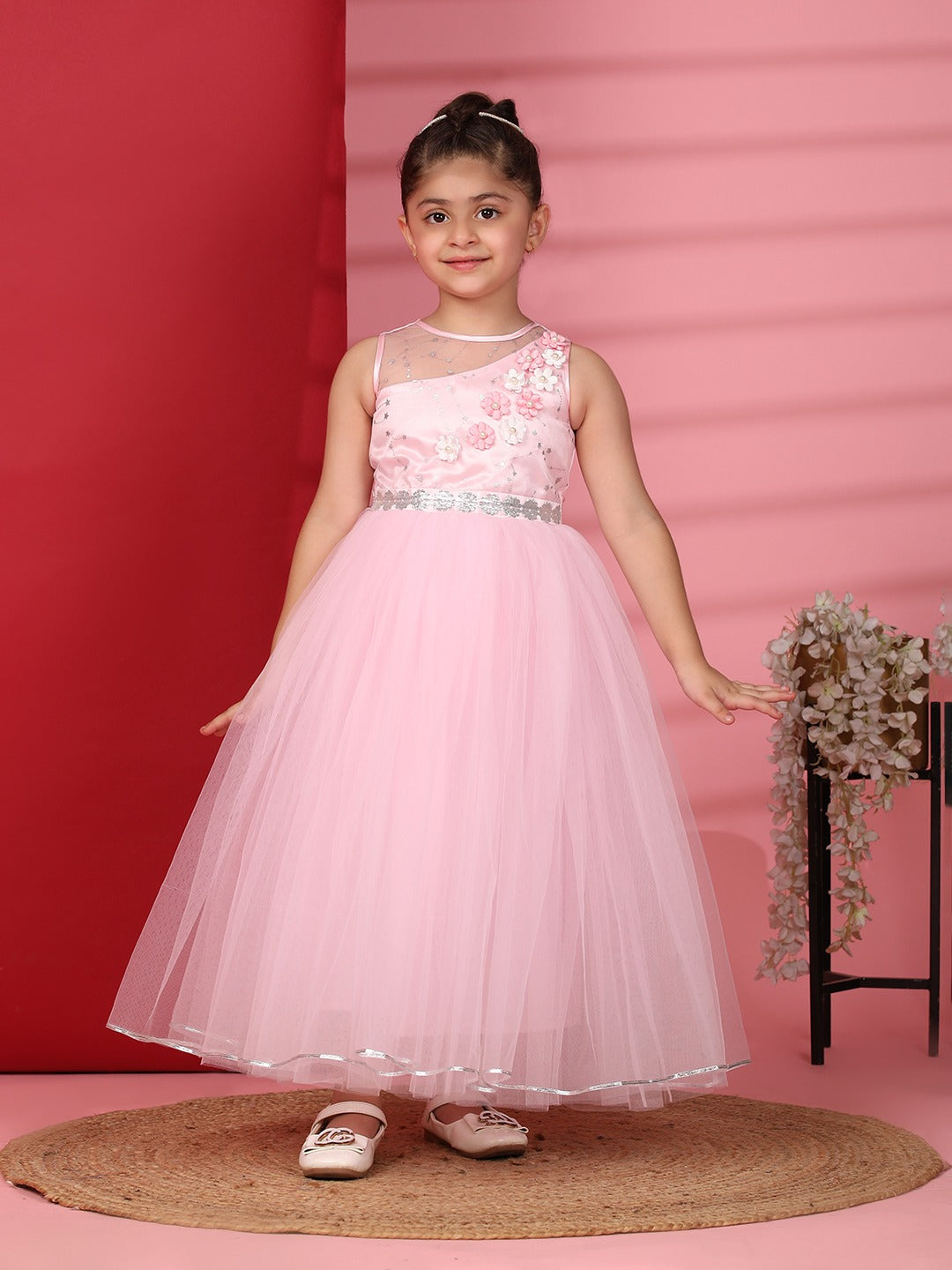 (TBAP24-19PN) Full Length Pink Party Frock 5 to 12 years