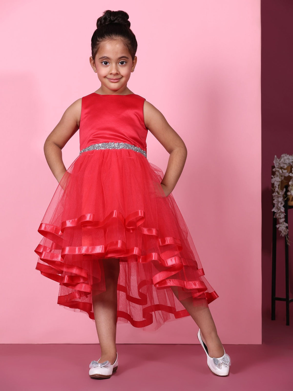 (TBAP24-05CL) High Low Coral Red Party Frock 5 to 12 years