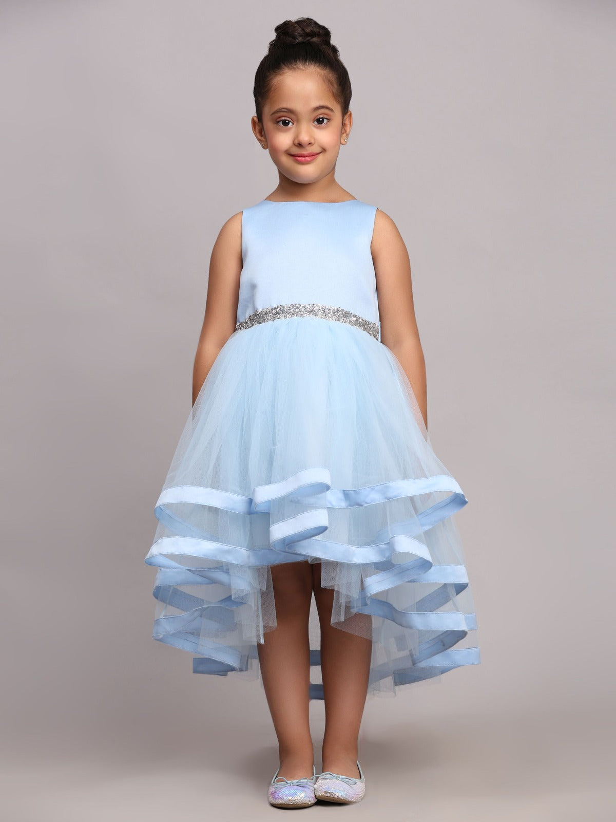 (TBAP24-05LB) High Low Light Blue Party Frock 1 to 8 years